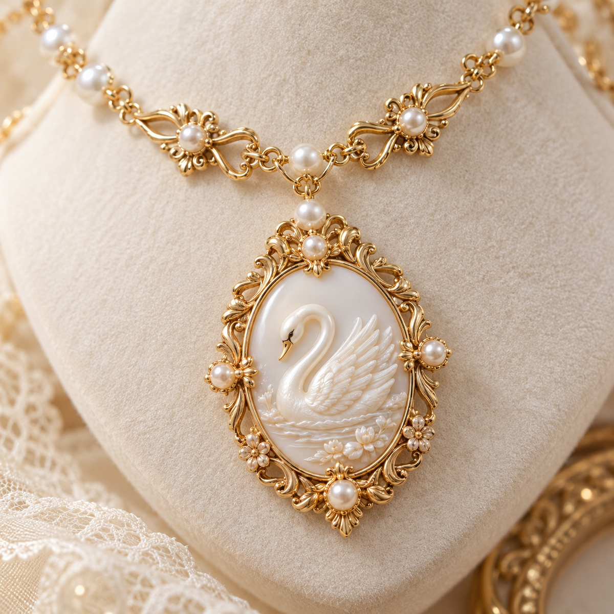 Swan Lake necklace white swan cameo pendant detail