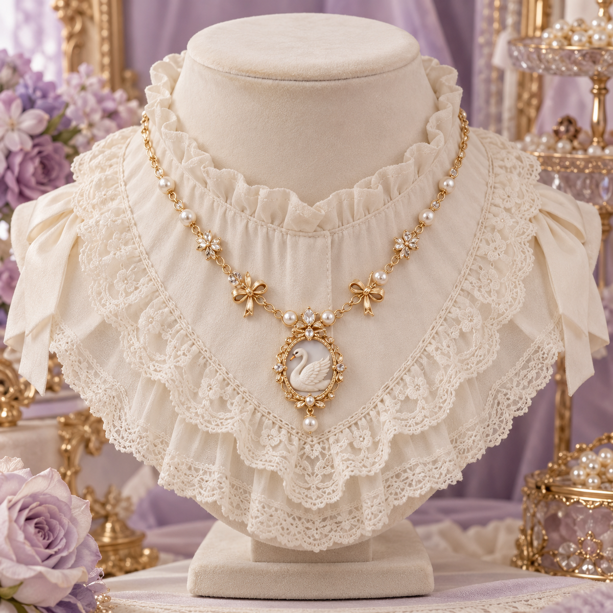 Swan Lake Lolita necklace displayed on a lace collar stand