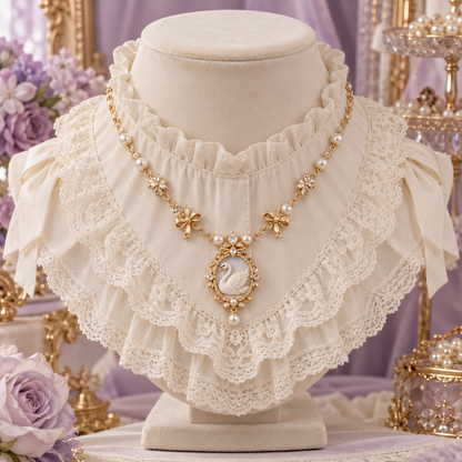 Swan Lake Lolita necklace displayed on a lace collar stand