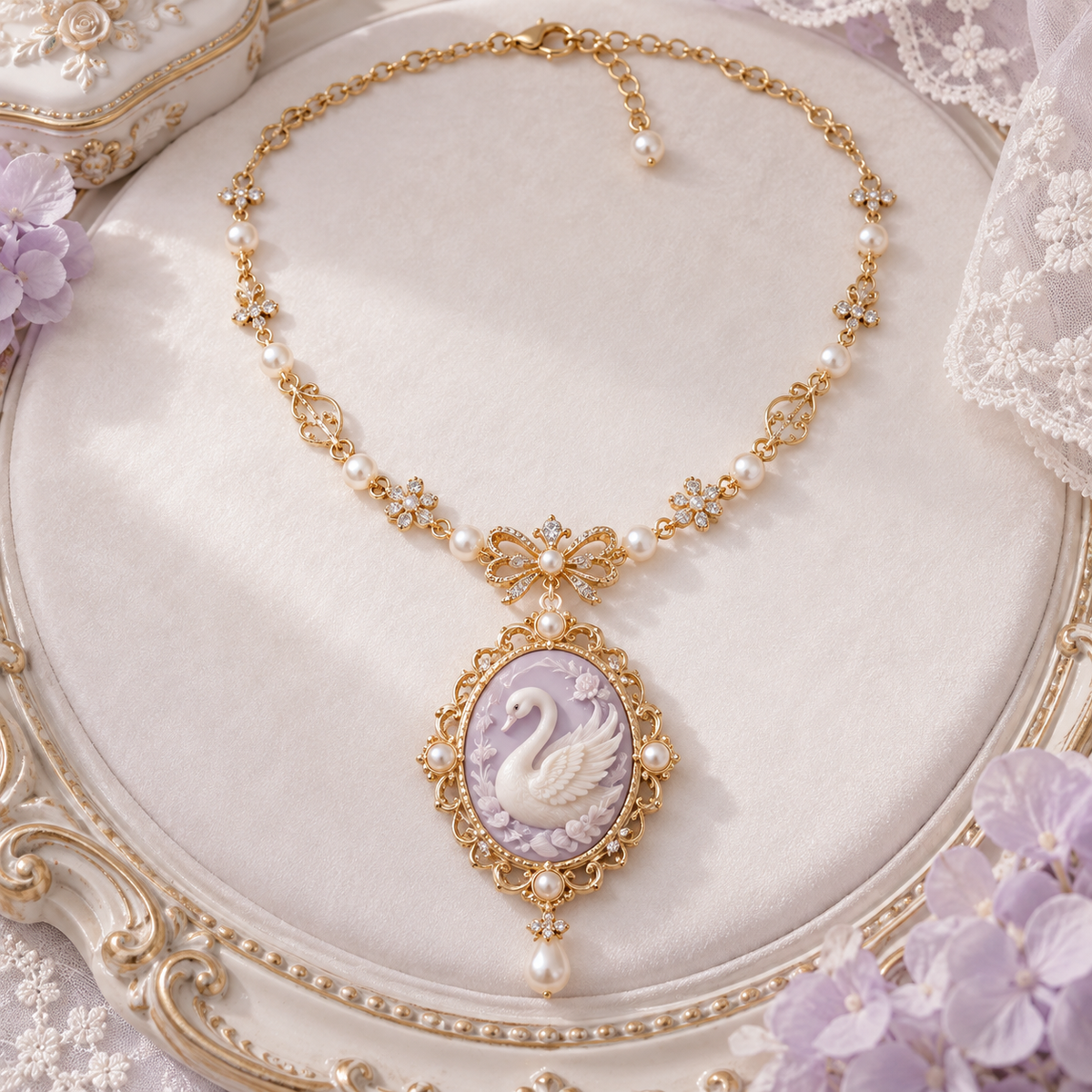 Swan Lake Lolita necklace with cameo pendant and pearl accents