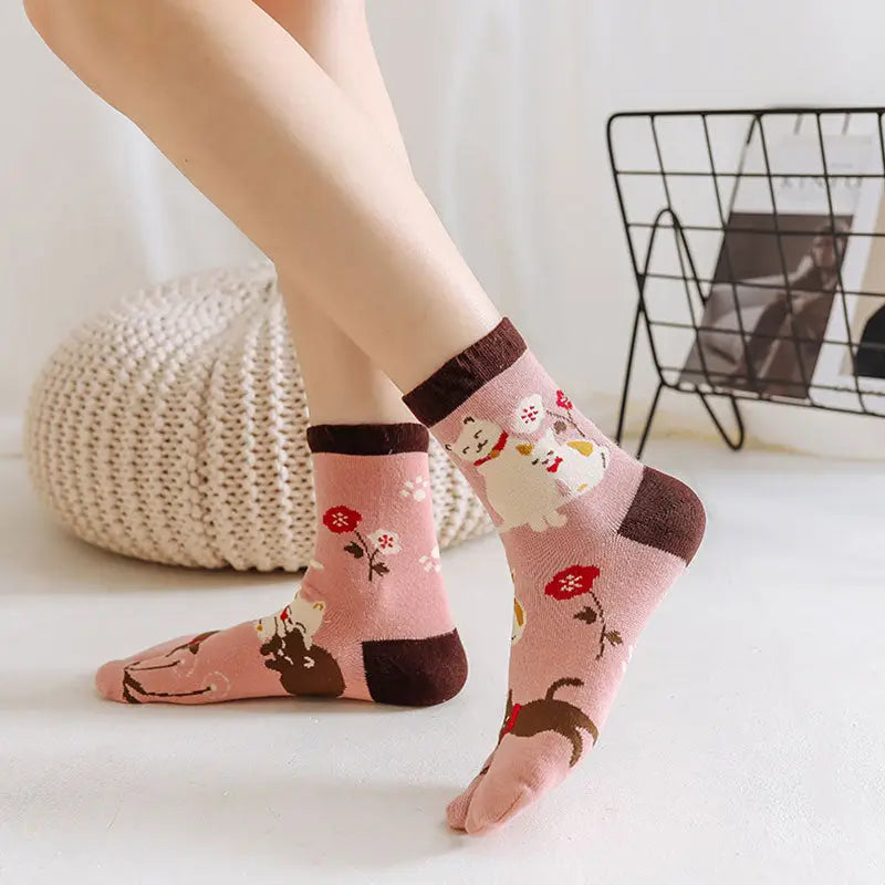 Playful Cats Pink Tabi Socks