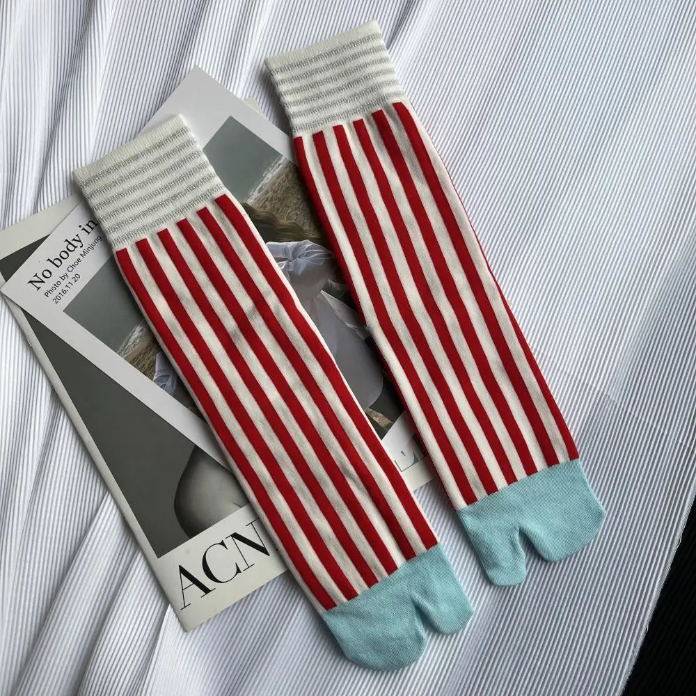 Red Stripes Blue Toes Tabi Socks