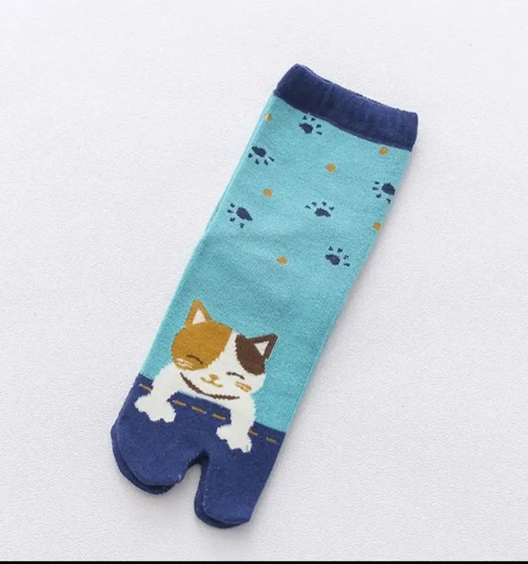Calcetines Tabi azul lindo gato