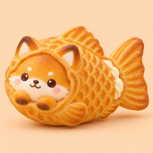 Golden taiyaki fox kawaii squishy toy on apricot background