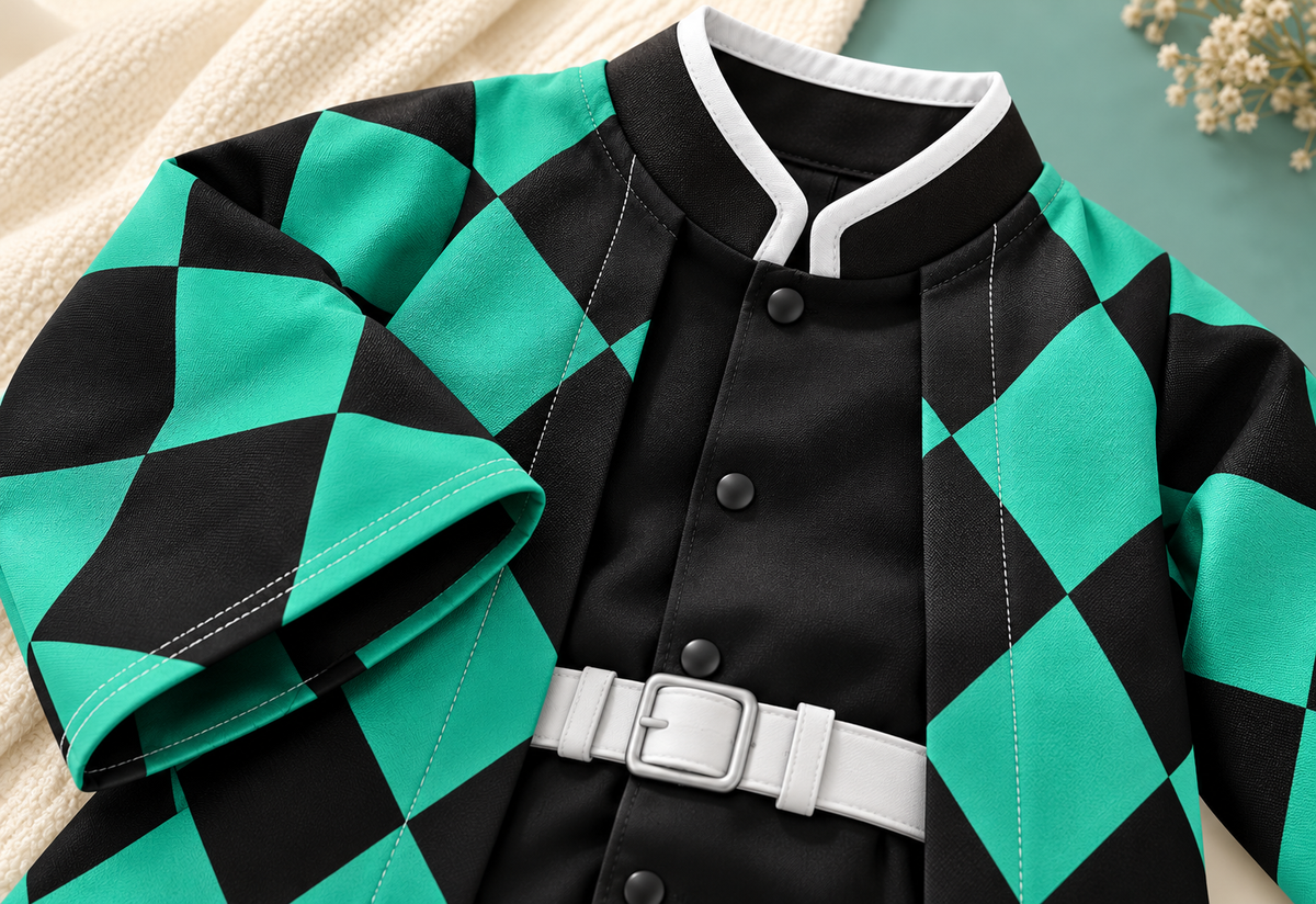Close-up of checkered haori fabric, light collar trim and belt detail