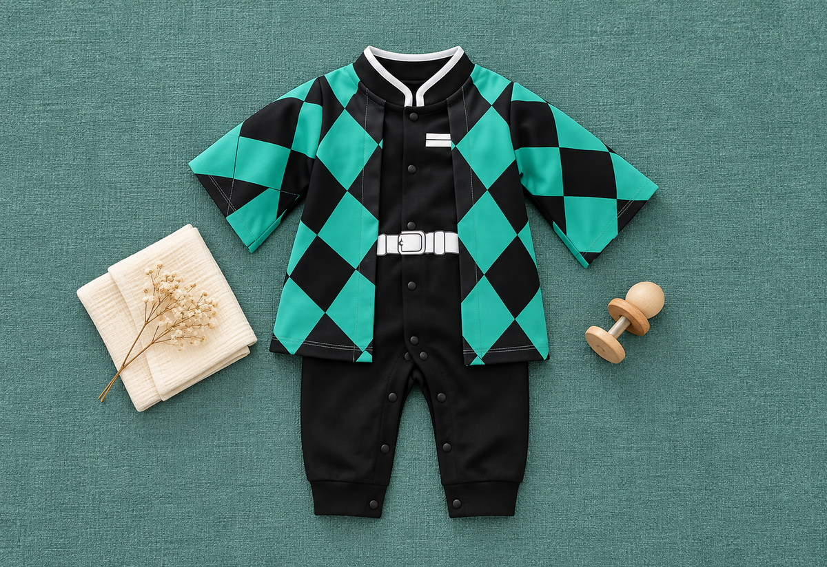Full black and teal checkered baby onesie flat lay on a textured teal background