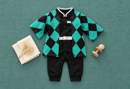 Full black and teal checkered baby onesie flat lay on a textured teal background