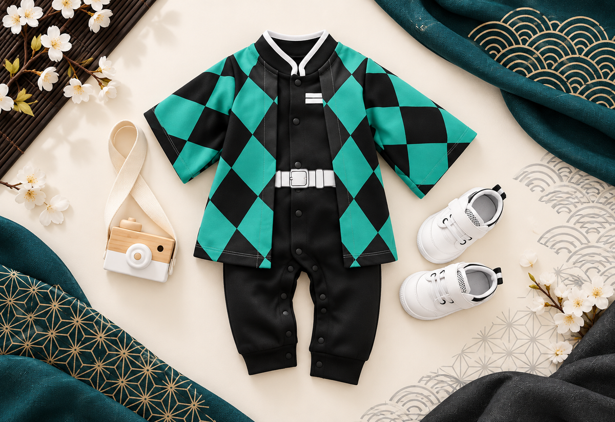 Full Tanjiro-inspired baby onesie flat lay with teal and Japanese textile accents