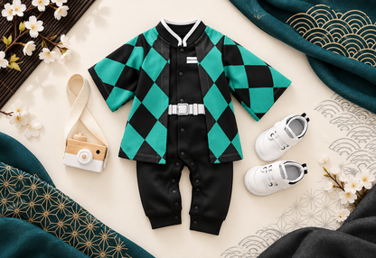 Full Tanjiro-inspired baby onesie flat lay with teal and Japanese textile accents