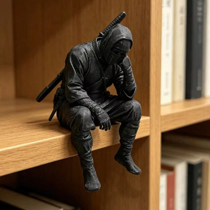 Thinking Ninja seated on wood shelf, contemplative pose