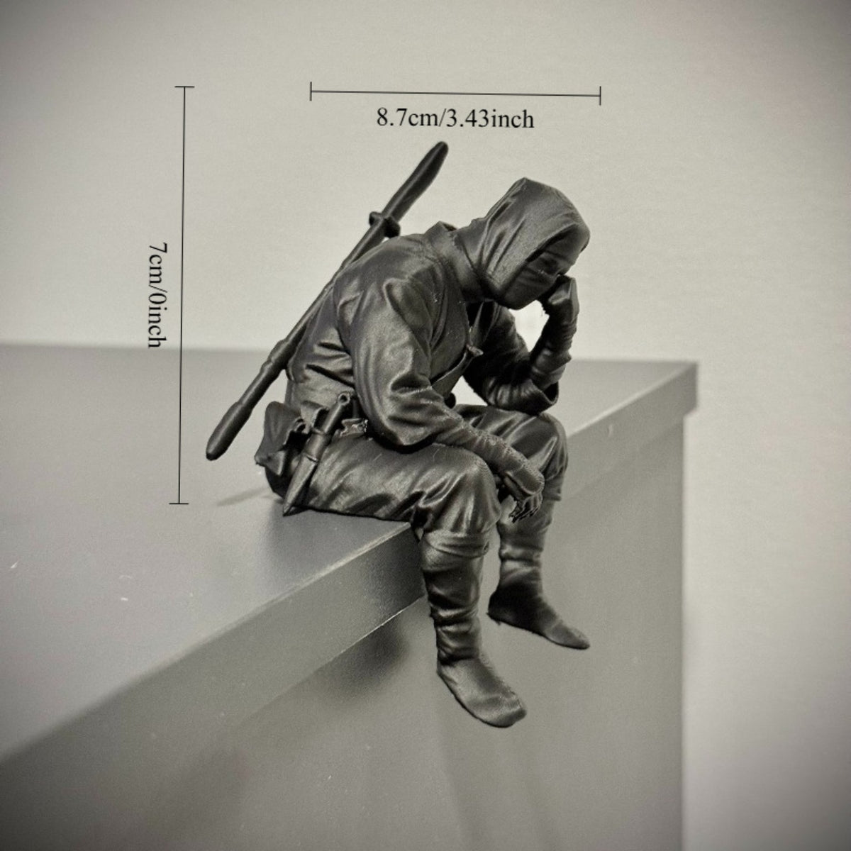 Thinking Ninja figure size guide, 7 cm tall by 8.7 cm wide