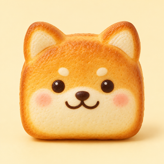 Toast-shaped Shiba Inu kawaii squishy toy on a buttercream background