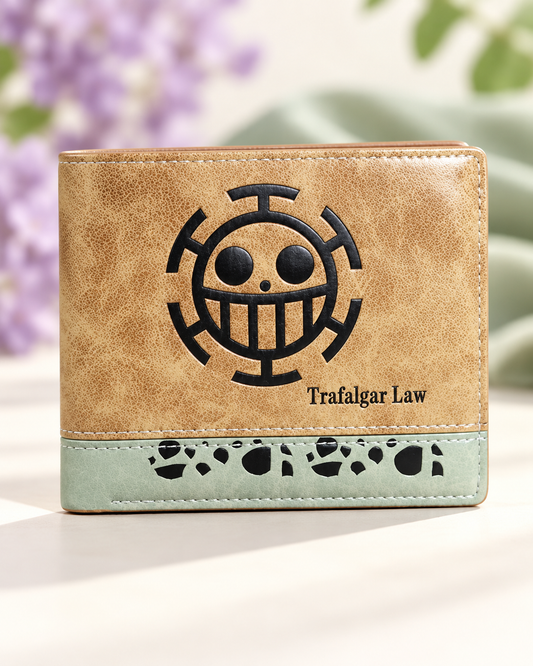 Tan and sage Trafalgar Law bifold wallet, front view