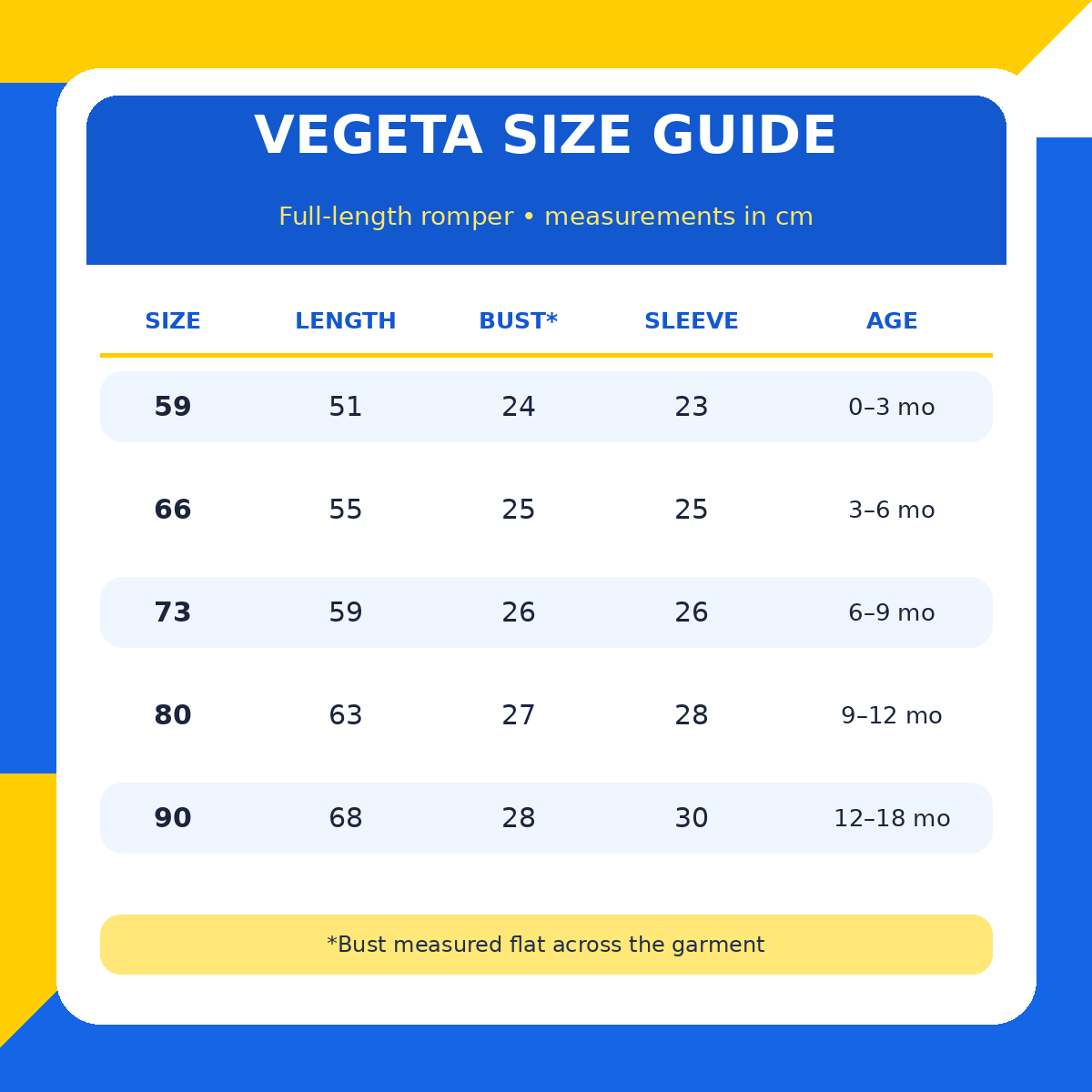 Vegeta romper size guide in centimeters