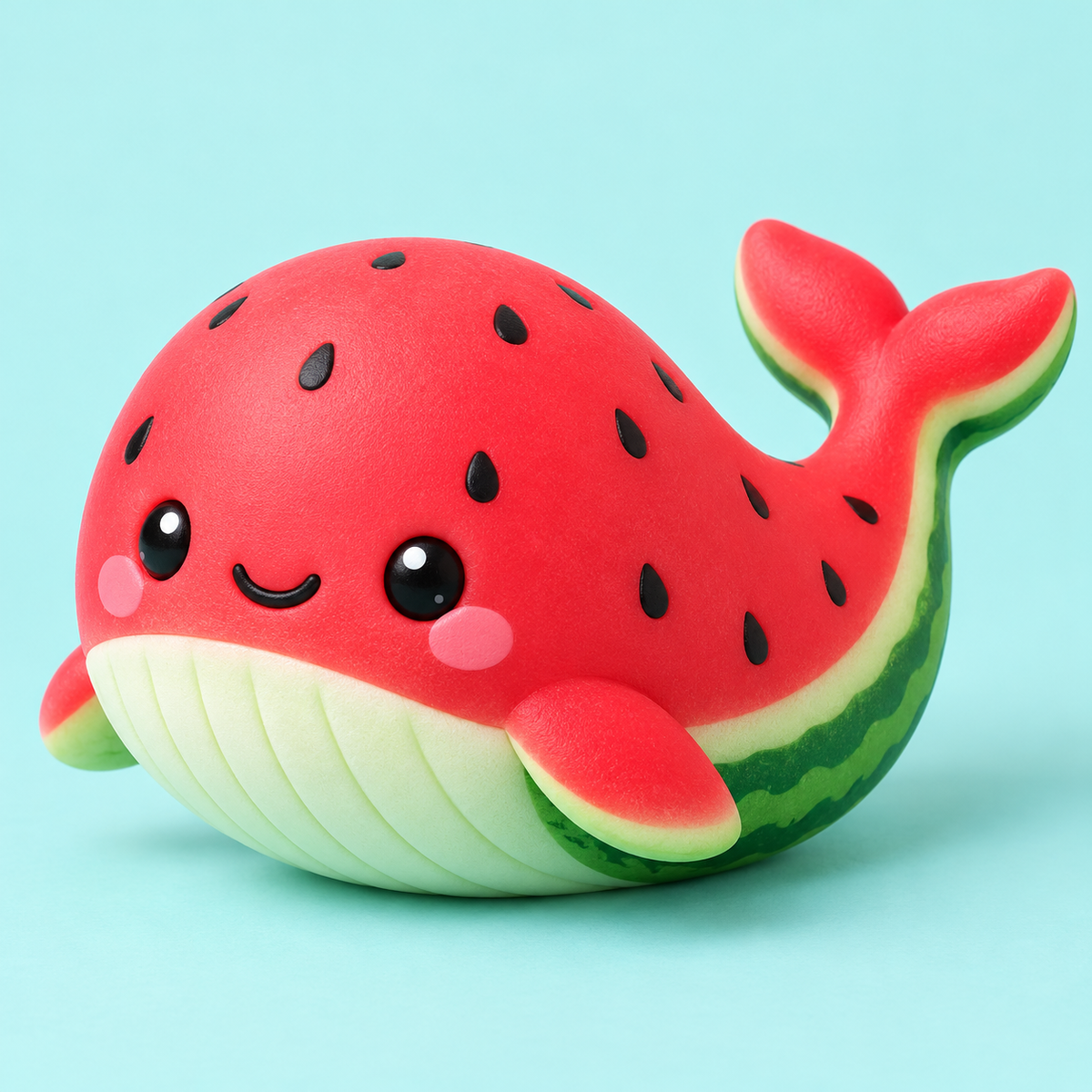 Watermelon whale kawaii squishy toy on pale aqua background