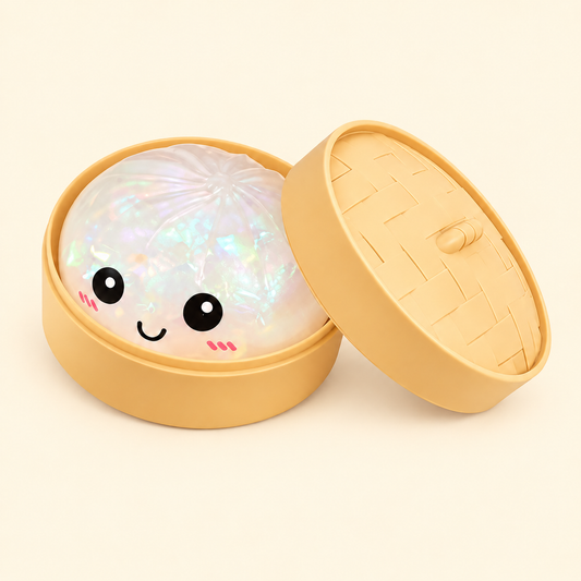 White Glitter Dumpling Squishy in its case on a plain warm ivory pastel background