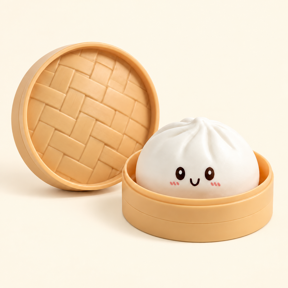 White Pastel Dumpling Squishy in its case on a plain warm ivory pastel background