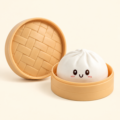 White Pastel Dumpling Squishy in its case on a plain warm ivory pastel background
