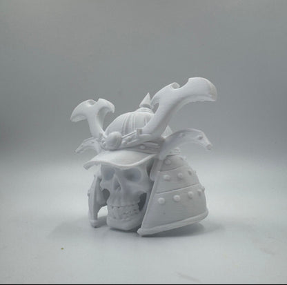 White samurai skull wearing an ornate helmet, three-quarter view