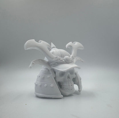 White samurai helmet skull figure from an alternate angle