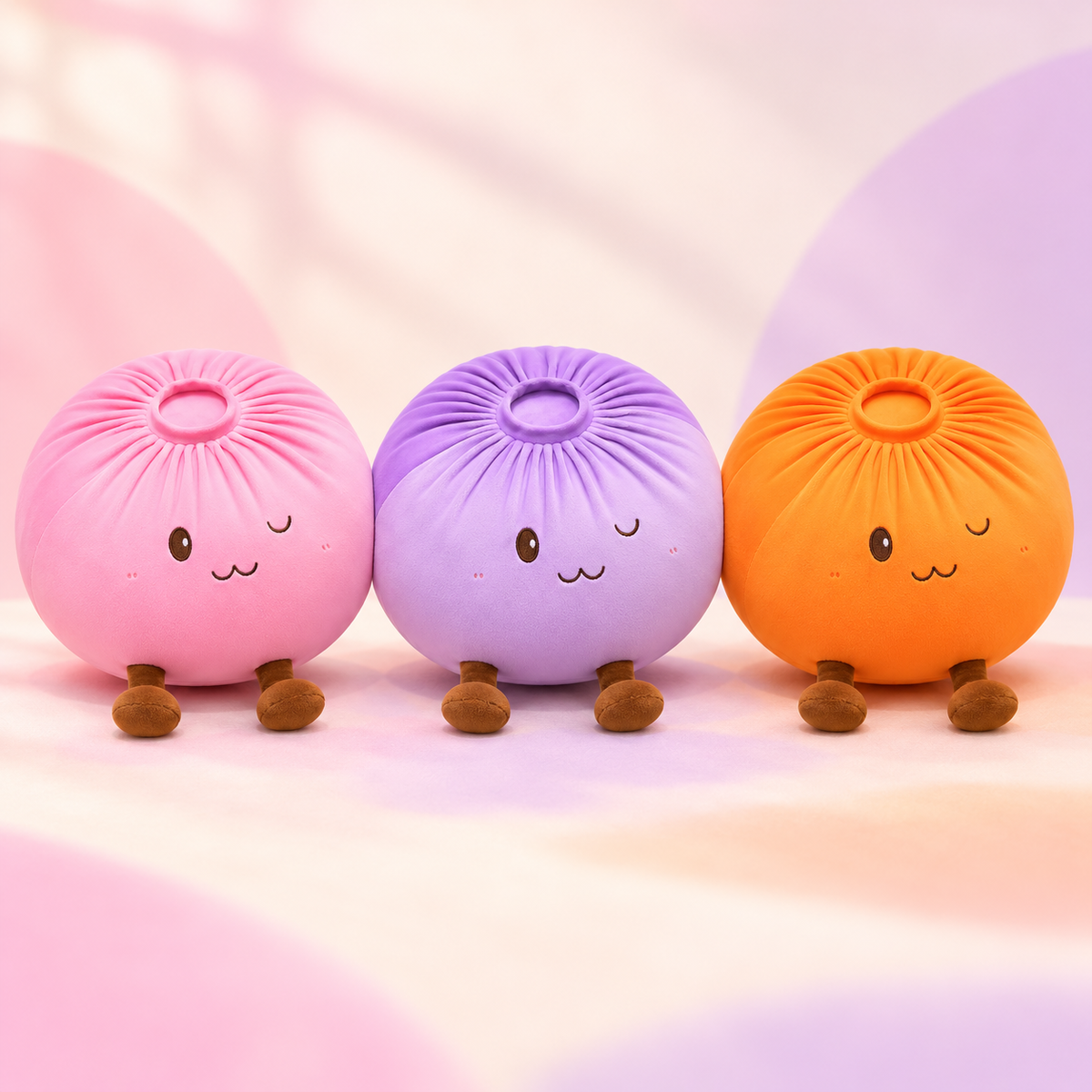 Winking Giant Dumpling Squishy shown in pink, purple, and orange