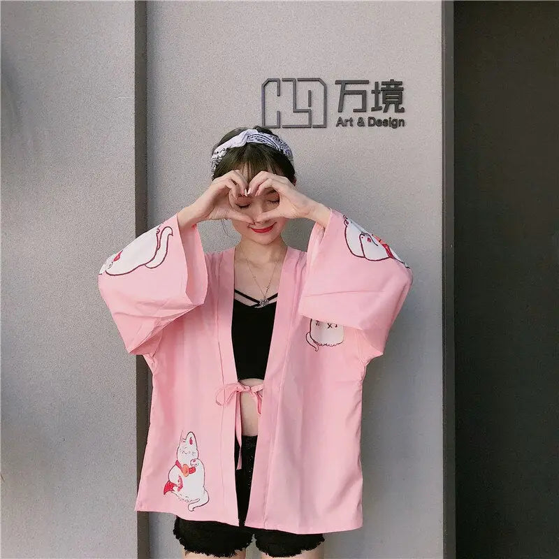 Neko Cat Pink Women’s Kimono Jacket