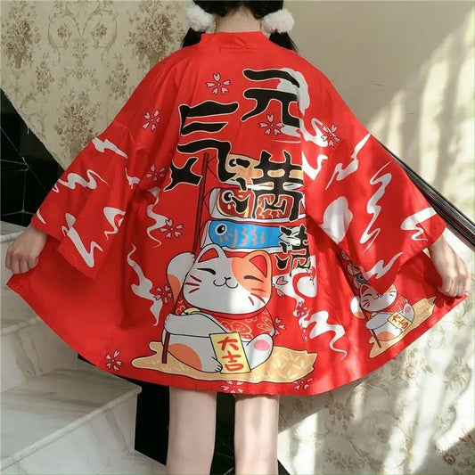 Veste kimono rouge Lucky Cat pour femme