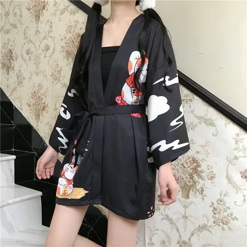 Veste kimono noire Lucky Cat pour femme