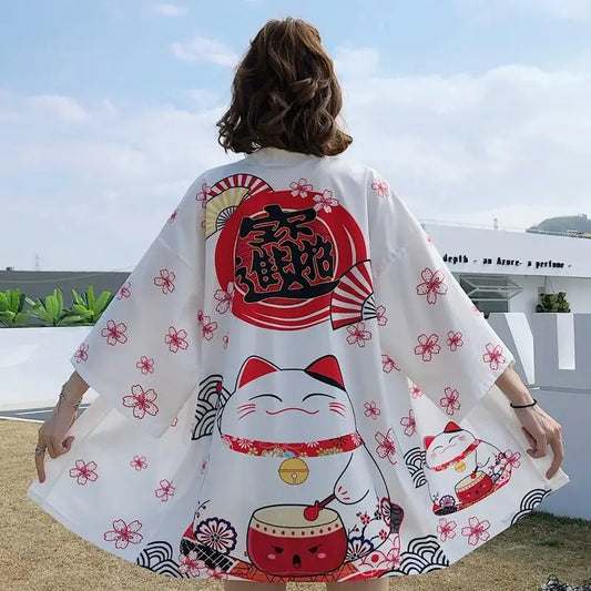 Veste kimono Neko Drum blanche pour femme