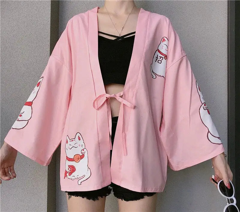 Veste kimono femme Neko Cat rose