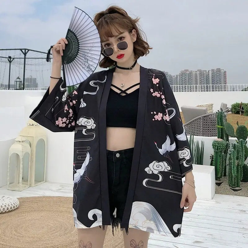 Giacca Kimono da donna nera Flying Cranes