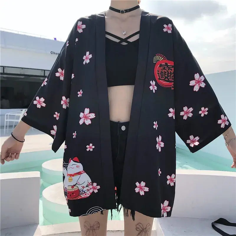 Giacca Kimono da donna nera Neko Drum