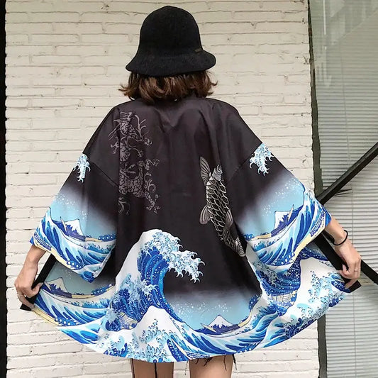 Veste kimono femme noire Wave