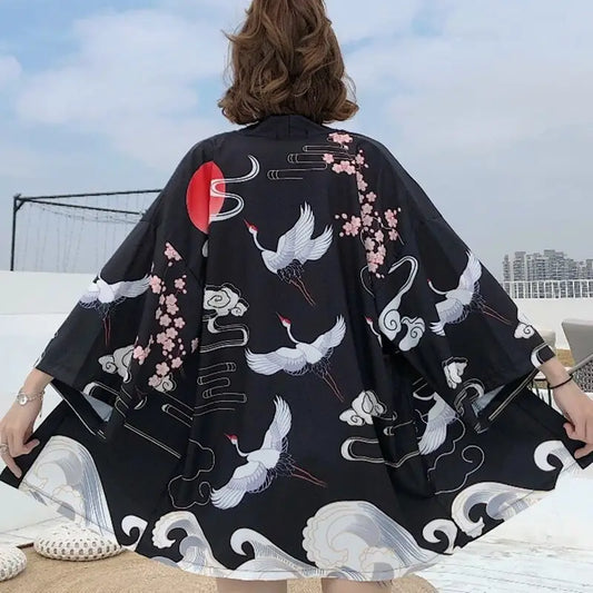 Flying Cranes Veste kimono noire pour femme