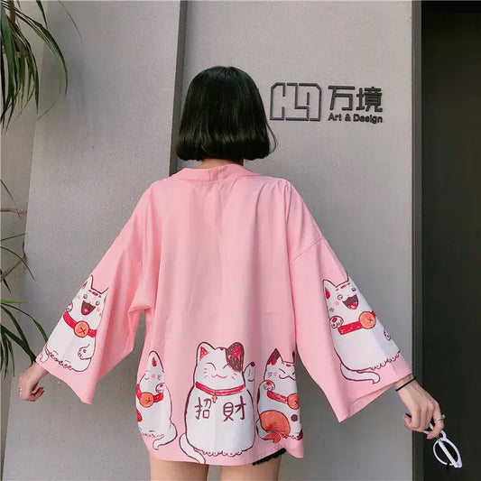 Veste kimono femme Neko Cat rose