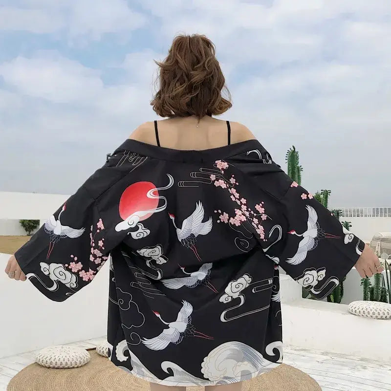 Giacca Kimono da donna nera Flying Cranes