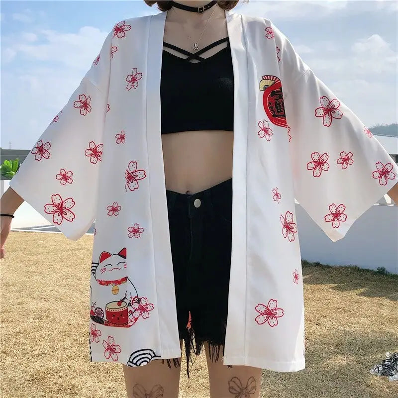 Veste kimono Neko Drum blanche pour femme