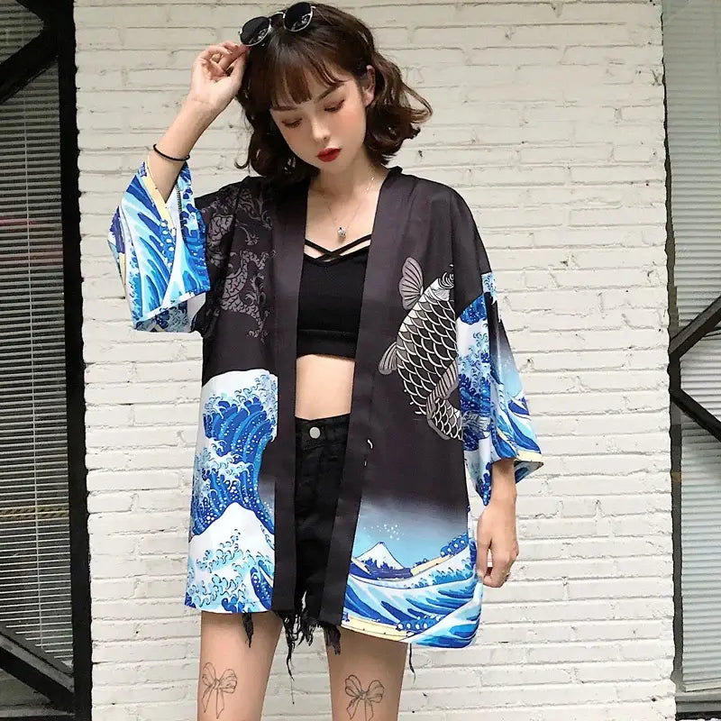 Veste kimono femme noire Wave