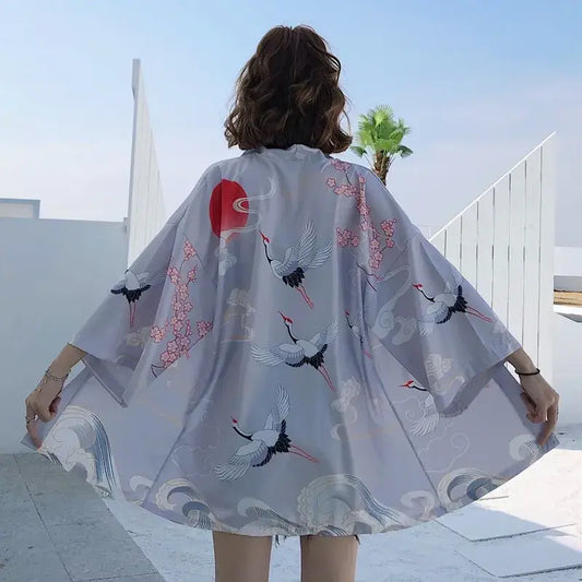 Chaqueta tipo kimono gris para mujer Flying Cranes