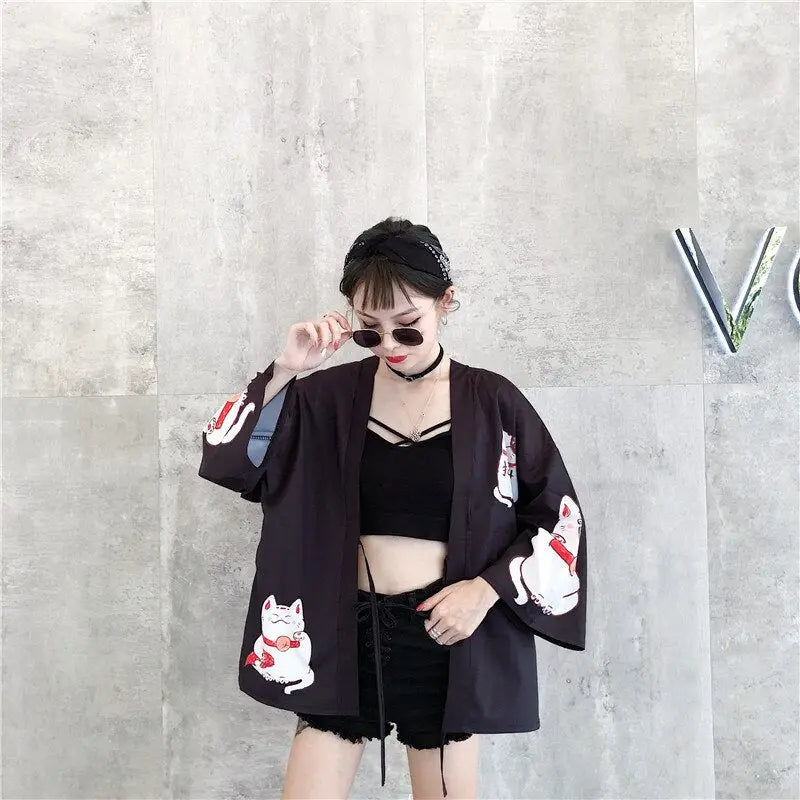Neko Cat Black Women’s Kimono Jacket