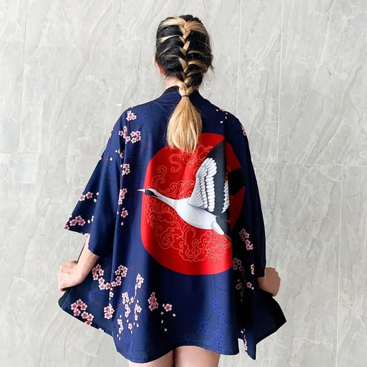 Veste kimono bleu marine Crane pour femme