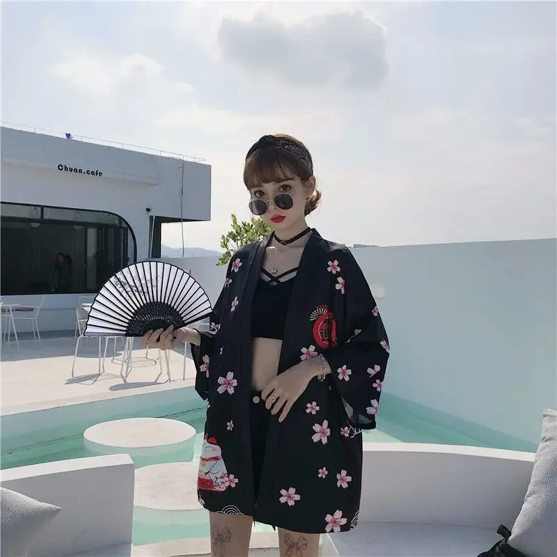 Veste kimono noire pour femme Neko Drum