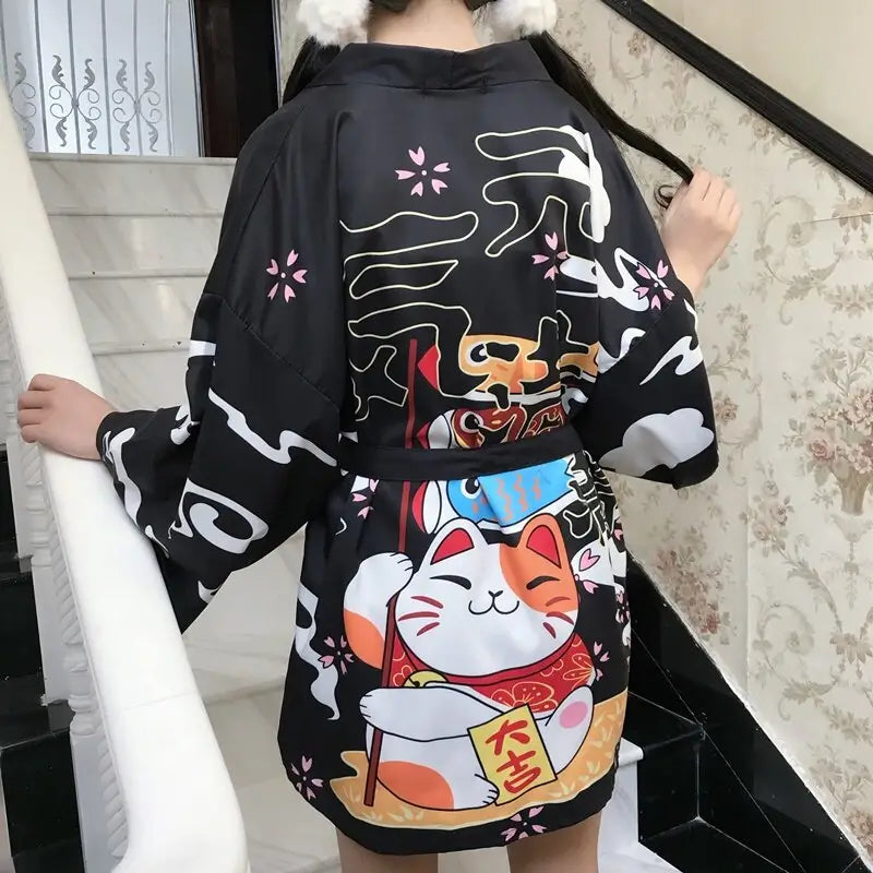 Veste kimono noire Lucky Cat pour femme