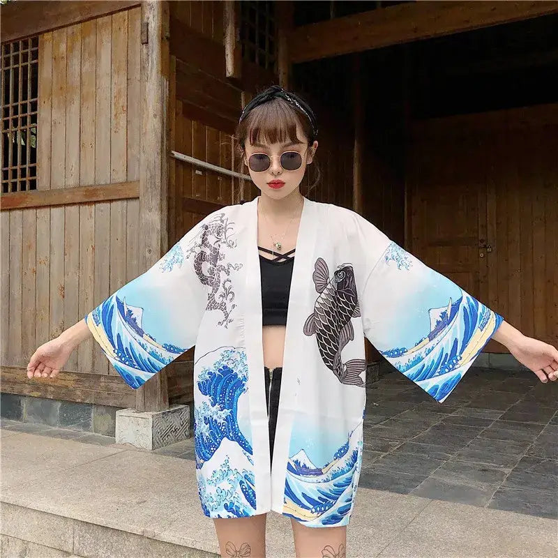Veste kimono femme blanche Wave