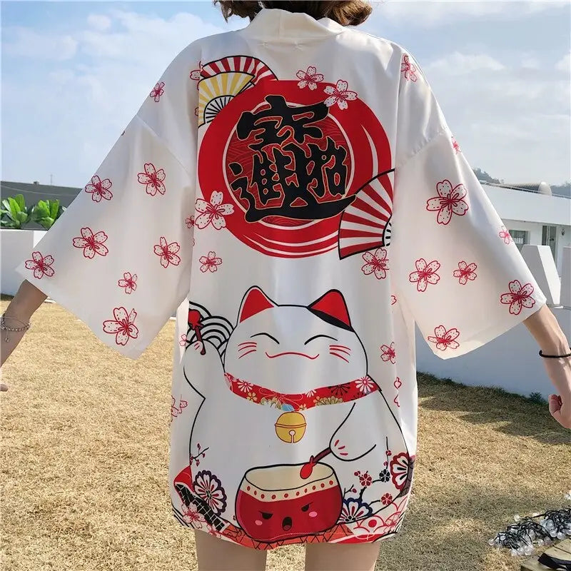Chaqueta tipo kimono Neko Drum blanca para mujer