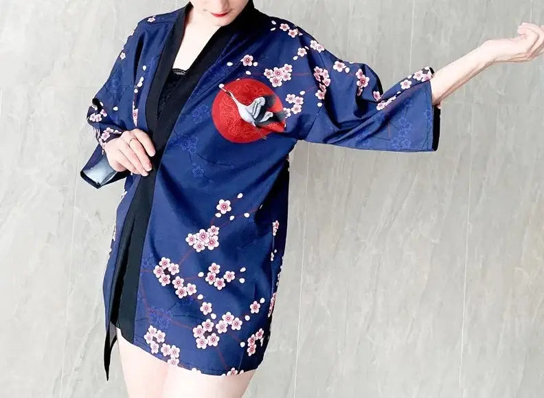 Veste kimono bleu marine Crane pour femme