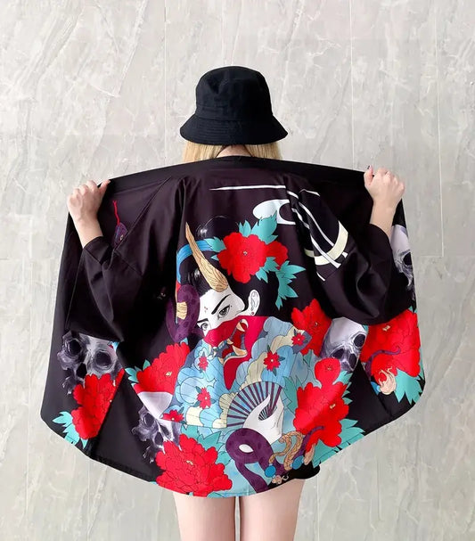 Geisha Skulls - Chaqueta tipo kimono para mujer