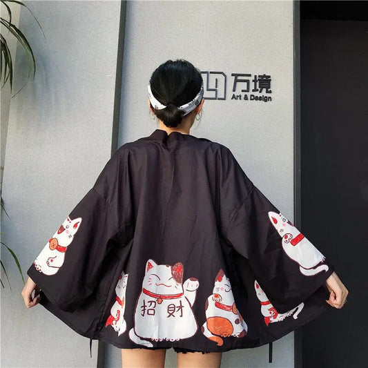 Giacca Kimono da donna nera Neko Cat