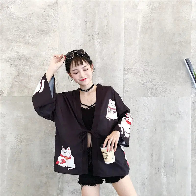 Veste kimono noire pour femme Neko Cat