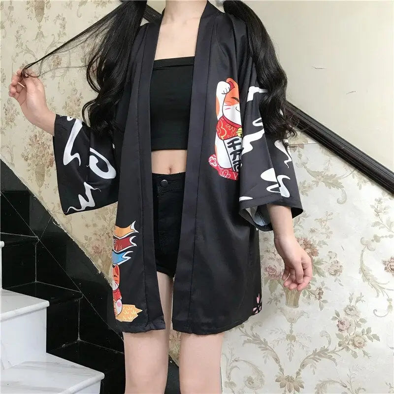 Chaqueta tipo kimono de mujer negra Lucky Cat
